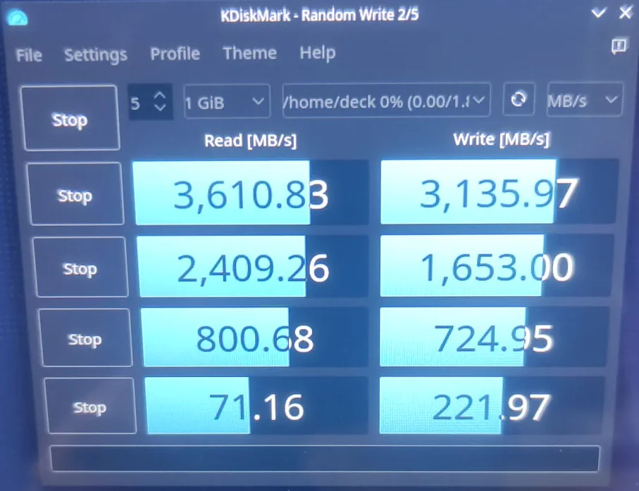 KDiskmark snelheid 2TB SSD in Steam Deck